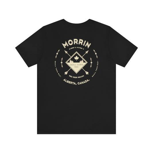 Morrin, Alberta.  Canada.  Cream on Black, Gender Neutral, T-shirt, Designed by Small Town Rag.