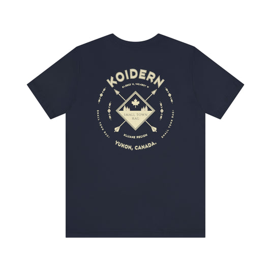 Koidern, Yukon.  Canada.  Cream on Navy, Gender Neutral, T-shirt, Designed by Small Town Rag.