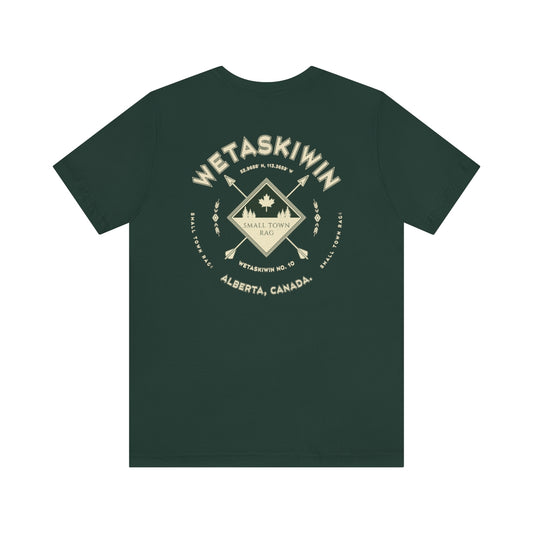 Wetaskiwin, Alberta.  Canada.  Cream on Forest Green, Gender Neutral, T-shirt, Designed by Small Town Rag.
