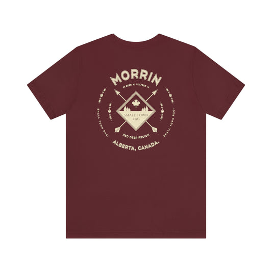 Morrin, Alberta.  Canada.  Cream on Maroon, Gender Neutral, T-shirt, Designed by Small Town Rag.