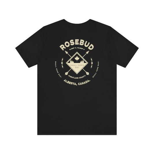 Rosebud, Alberta.  Canada.  Cream on Black, Gender Neutral, T-shirt, Designed by Small Town Rag.
