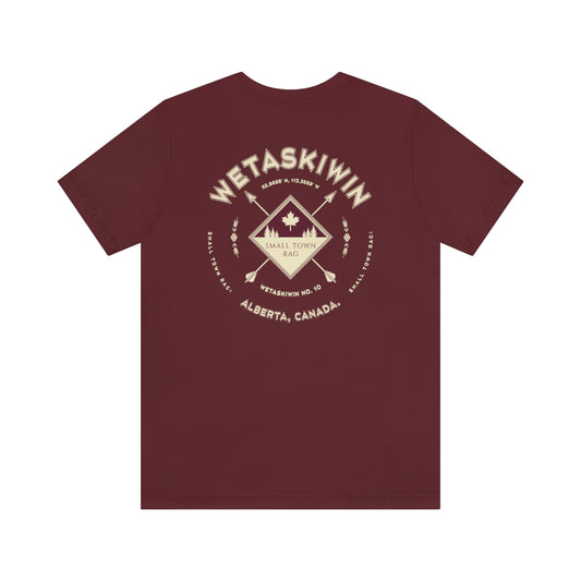 Wetaskiwin, Alberta.  Canada.  Cream on Maroon, Gender Neutral, T-shirt, Designed by Small Town Rag.