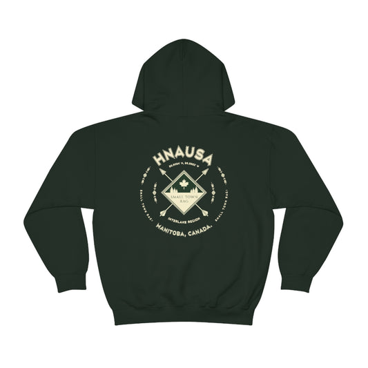 Hnausa, Manitoba.  Canada.  Cream on Forest Green, Pull-over Hoodie, Hooded Sweater Shirt, Gender Neutral.
