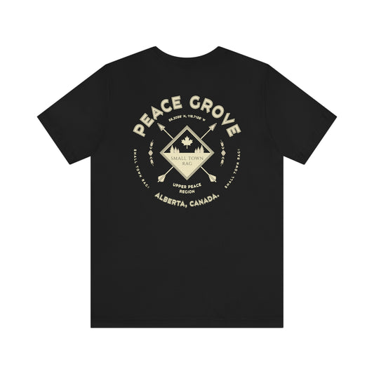 Peace Grove, Alberta.  Canada.  Cream on Black, Gender Neutral, T-shirt, Designed by Small Town Rag.
