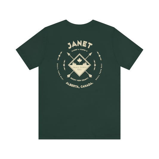 Janet, Alberta.  Canada.  Cream on Forest Green, Gender Neutral, T-shirt, Designed by Small Town Rag.