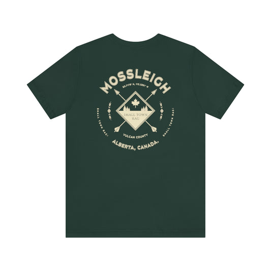 Mossleigh, Alberta.  Canada.  Cream on Forest Green, Gender Neutral, T-shirt, Designed by Small Town Rag.