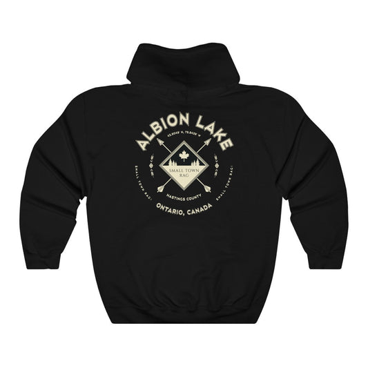 Albion Lake, Ontario, Light Cream on Black, Pull-over Hoodie, Hooded Sweater Shirt, Gender Neutral-SMALL TOWN RAG