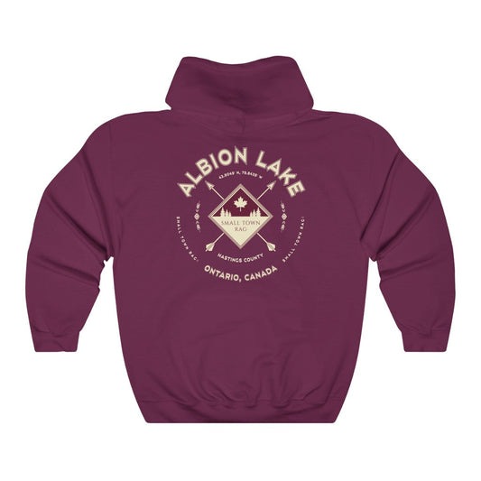 Albion Lake, Ontario, Light Cream on Maroon, Pull-over Hoodie, Hooded Sweater Shirt, Gender Neutral-SMALL TOWN RAG