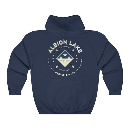 Albion Lake, Ontario, Light Cream on Navy, Pull-over Hoodie, Hooded Sweater Shirt, Gender Neutral-SMALL TOWN RAG