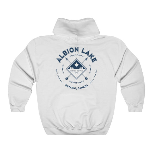 Albion Lake, Ontario, Navy on White, Pull-over Hoodie, Hooded Sweater Shirt, Gender Neutral-SMALL TOWN RAG