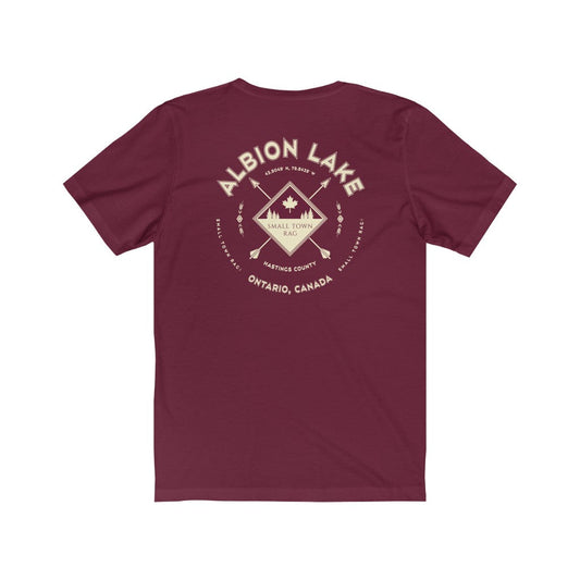Albion Lake, Ontario.  Canada. Light Cream on Maroon, Gender Neutral, T-shirt, Designed by Small Town Rag-SMALL TOWN RAG