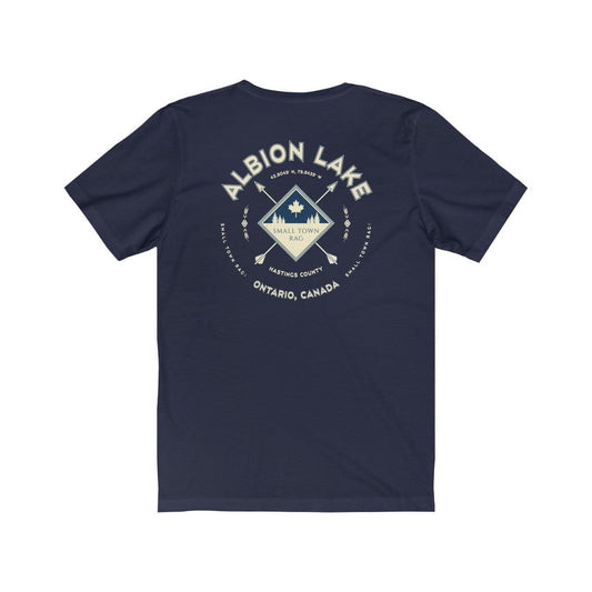 Albion Lake, Ontario.  Canada. Light Cream on Navy, Gender Neutral, T-shirt, Designed by Small Town Rag-SMALL TOWN RAG