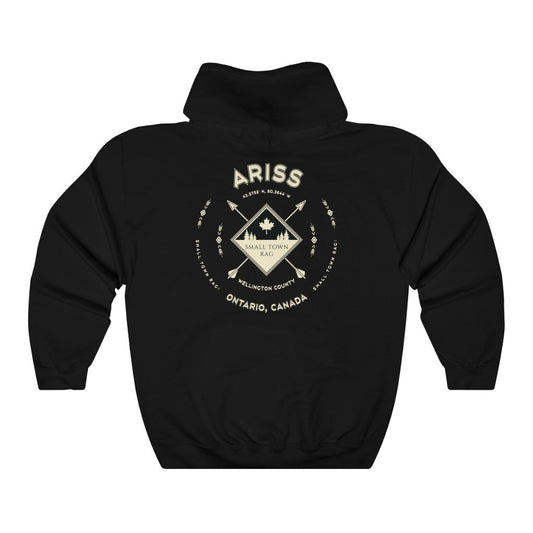 Ariss, Ontario, Canada.  Cream on Black, Pull-over Hoodie, Hooded Sweater Shirt, Gender Neutral.-SMALL TOWN RAG