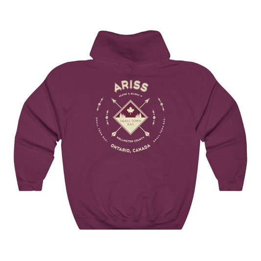 Ariss, Ontario, Canada.  Cream on Maroon, Pull-over Hoodie, Hooded Sweater Shirt, Gender Neutral.-SMALL TOWN RAG