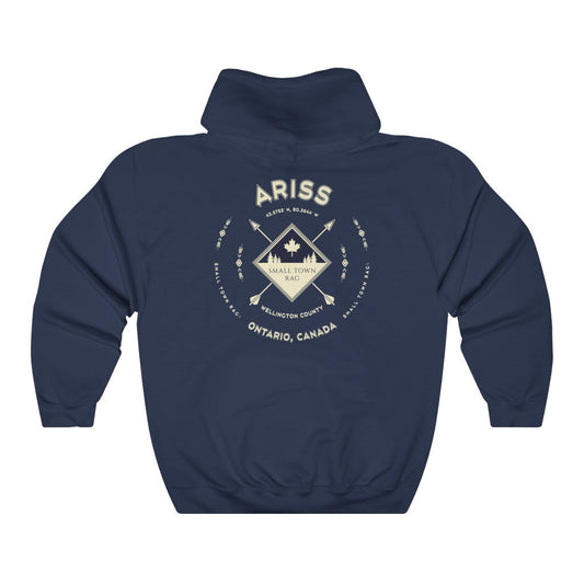 Ariss, Ontario, Canada.  Cream on Navy, Pull-over Hoodie, Hooded Sweater Shirt, Gender Neutral.-SMALL TOWN RAG