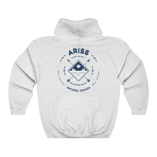 Ariss, Ontario, Navy on White, Pull-over Hoodie, Hooded Sweater Shirt, Gender Neutral-SMALL TOWN RAG