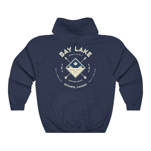 Bay Lake, Ontario, Light Cream on Navy, Pull-over Hoodie, Hooded Sweater Shirt, Gender Neutral-SMALL TOWN RAG