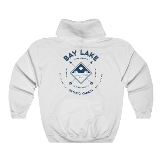 Bay Lake, Ontario, Navy on White, Pull-over Hoodie, Hooded Sweater Shirt, Gender Neutral-SMALL TOWN RAG
