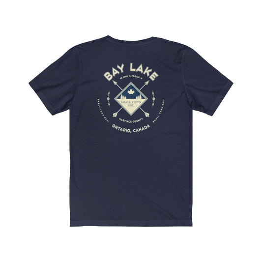 Bay Lake, Ontario.  Canada. Light Cream on Navy, Gender Neutral, T-shirt, Designed by Small Town Rag-SMALL TOWN RAG