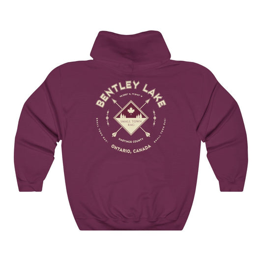 Bentley Lake, Ontario, Light Cream on Maroon, Pull-over Hoodie, Hooded Sweater Shirt, Gender Neutral-SMALL TOWN RAG