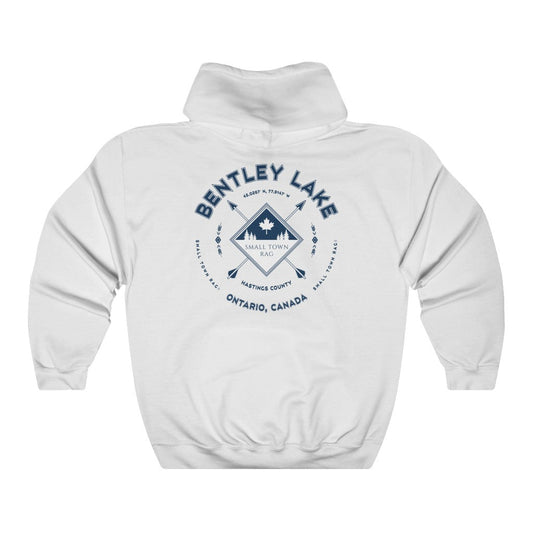 Bentley Lake, Ontario, Navy on White, Pull-over Hoodie, Hooded Sweater Shirt, Gender Neutral-SMALL TOWN RAG