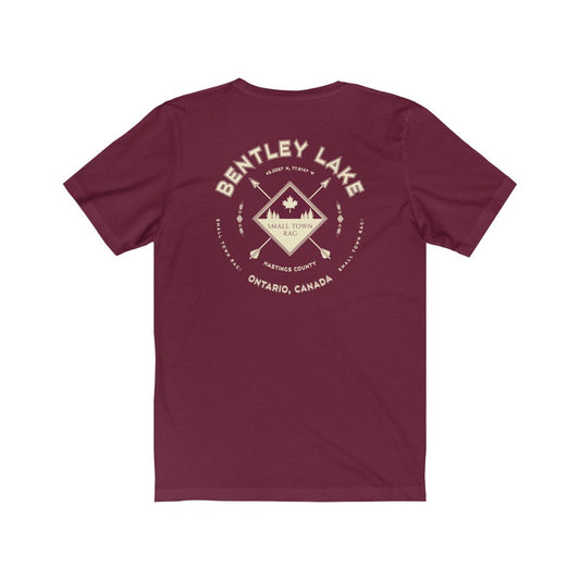 Bentley Lake, Ontario.  Canada. Light Cream on Maroon, Gender Neutral, T-shirt, Designed by Small Town Rag-SMALL TOWN RAG