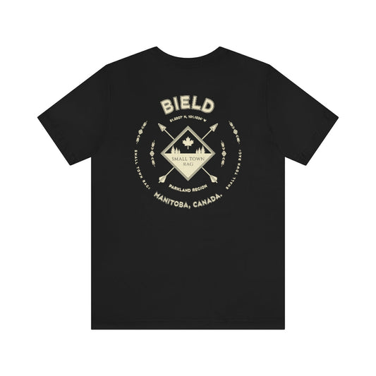 Bield, Manitoba.  Canada.  Cream on Black, Gender Neutral, T-shirt, Designed by Small Town Rag.