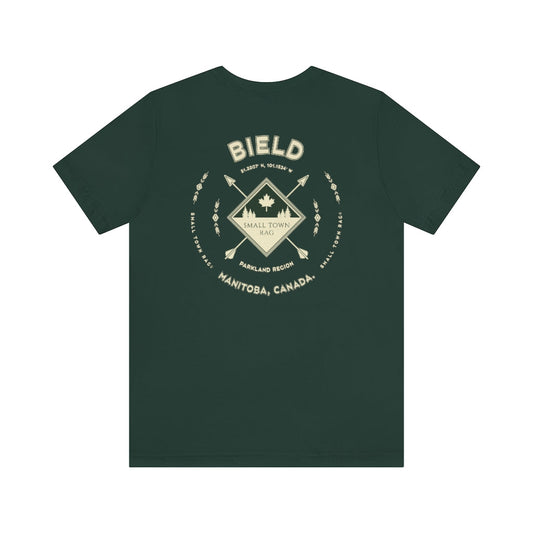 Bield, Manitoba.  Canada.  Cream on Forest Green, Gender Neutral, T-shirt, Designed by Small Town Rag.