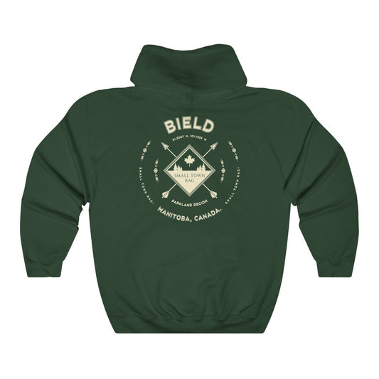 Bield, Manitoba.  Canada.  Cream on Forest Green, Pull-over Hoodie, Hooded Sweater Shirt, Gender Neutral.