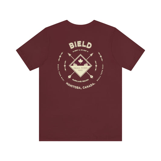 Bield, Manitoba.  Canada.  Cream on Maroon, Gender Neutral, T-shirt, Designed by Small Town Rag.