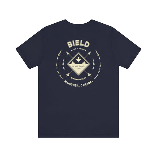Bield, Manitoba.  Canada.  Cream on Navy, Gender Neutral, T-shirt, Designed by Small Town Rag.