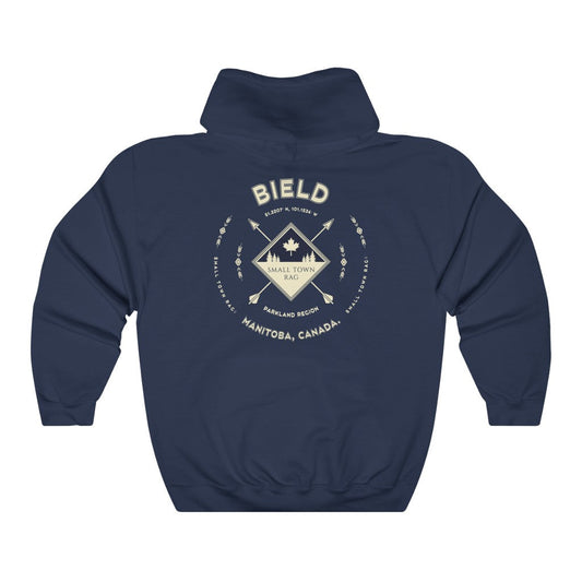 Bield, Manitoba.  Canada.  Cream on Navy, Pull-over Hoodie, Hooded Sweater Shirt, Gender Neutral.