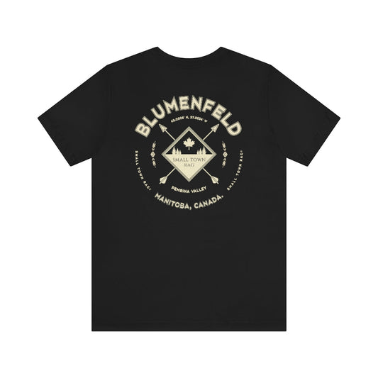 Blumenfeld, Manitoba.  Canada.  Cream on Black, Gender Neutral, T-shirt, Designed by Small Town Rag.