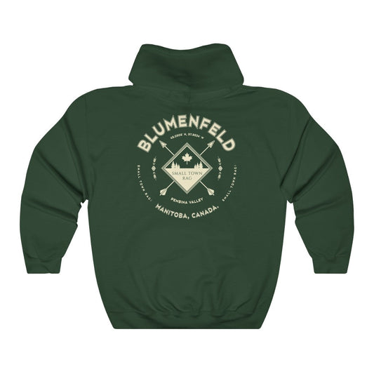 Blumenfeld, Manitoba.  Canada.  Cream on Forest Green, Pull-over Hoodie, Hooded Sweater Shirt, Gender Neutral.