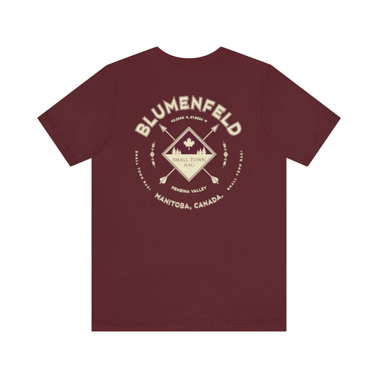 Blumenfeld, Manitoba.  Canada.  Cream on Maroon, Gender Neutral, T-shirt, Designed by Small Town Rag.