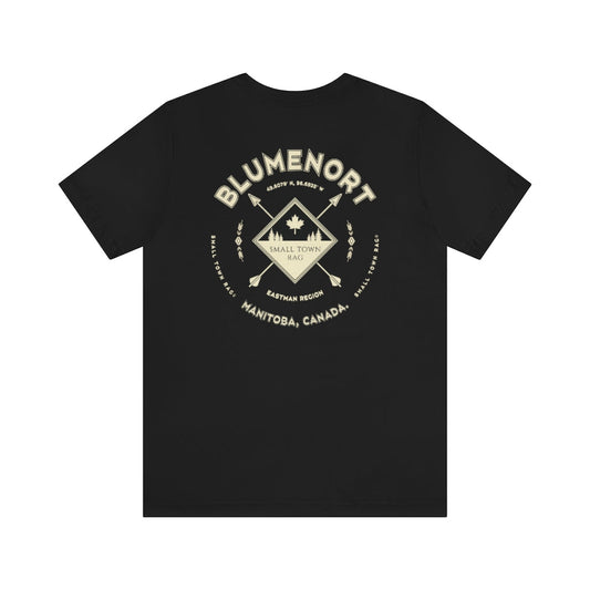 Blumenort, Manitoba.  Canada. Cream on Black, Gender Neutral, T-shirt, Designed by Small Town Rag.-SMALL TOWN RAG