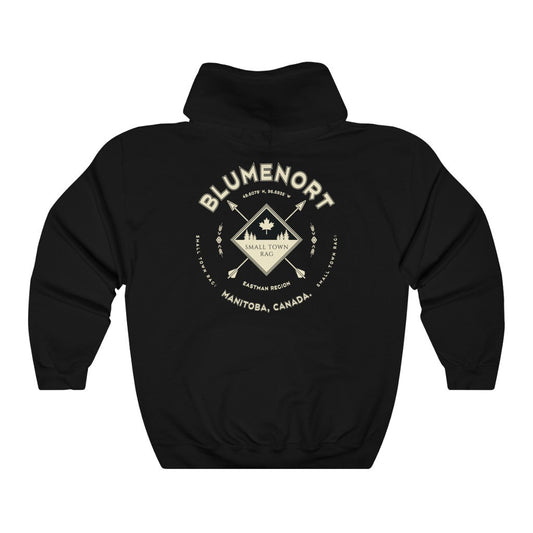 Blumenort, Manitoba.  Canada.  Cream on Black, Pull-over Hoodie, Hooded Sweater Shirt, Gender Neutral.-SMALL TOWN RAG
