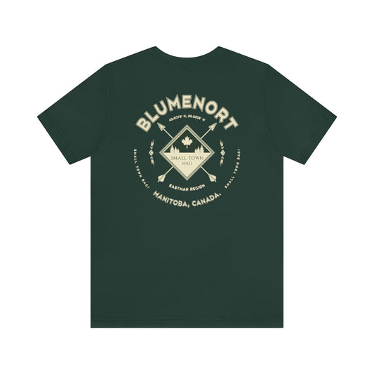Blumenort, Manitoba.  Canada. Cream on Forest Green, Gender Neutral, T-shirt, Designed by Small Town Rag.-SMALL TOWN RAG