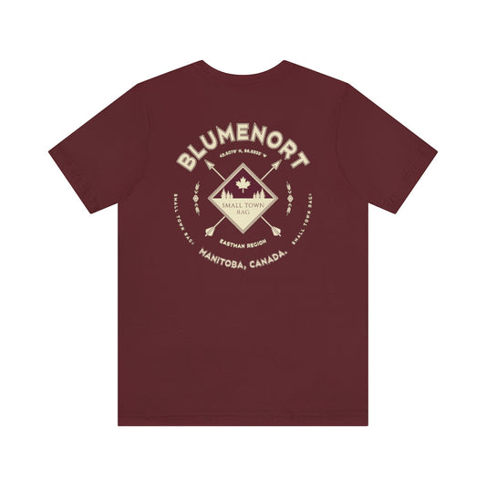 Blumenort, Manitoba.  Canada. Cream on Maroon, Gender Neutral, T-shirt, Designed by Small Town Rag.-SMALL TOWN RAG