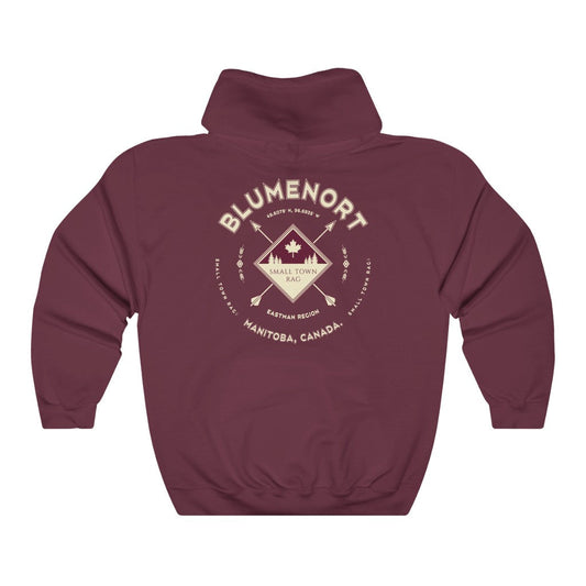 Blumenort, Manitoba.  Canada.  Cream on Maroon, Pull-over Hoodie, Hooded Sweater Shirt, Gender Neutral.-SMALL TOWN RAG