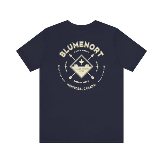Blumenort, Manitoba.  Canada. Cream on Navy, Gender Neutral, T-shirt, Designed by Small Town Rag.-SMALL TOWN RAG
