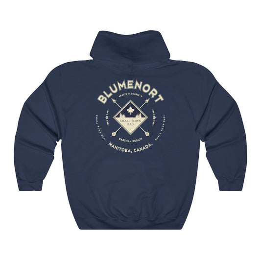 Blumenort, Manitoba.  Canada.  Cream on Navy, Pull-over Hoodie, Hooded Sweater Shirt, Gender Neutral.-SMALL TOWN RAG