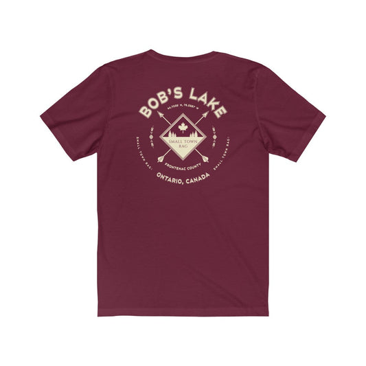 Bob's Lake, Ontario.  Canada. Cream on Maroon, Gender Neutral, T-shirt, Designed by Small Town Rag.-SMALL TOWN RAG