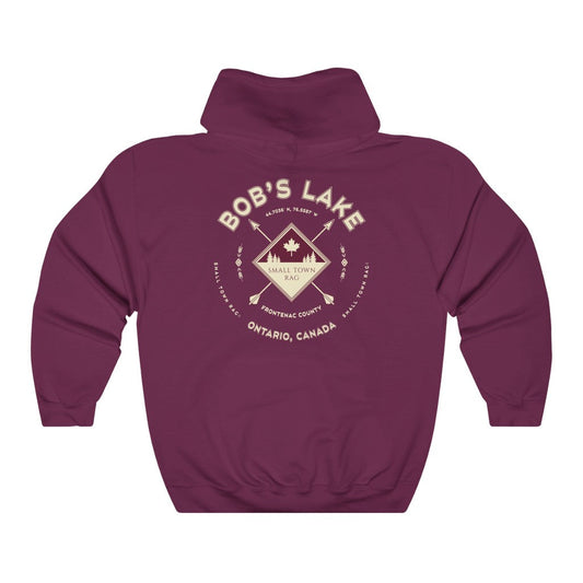 Bob's Lake, Ontario.  Canada.  Cream on Maroon, Pull-over Hoodie, Hooded Sweater Shirt, Gender Neutral.-SMALL TOWN RAG