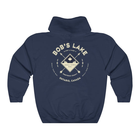 Bob's Lake, Ontario.  Canada.  Cream on Navy, Pull-over Hoodie, Hooded Sweater Shirt, Gender Neutral.-SMALL TOWN RAG