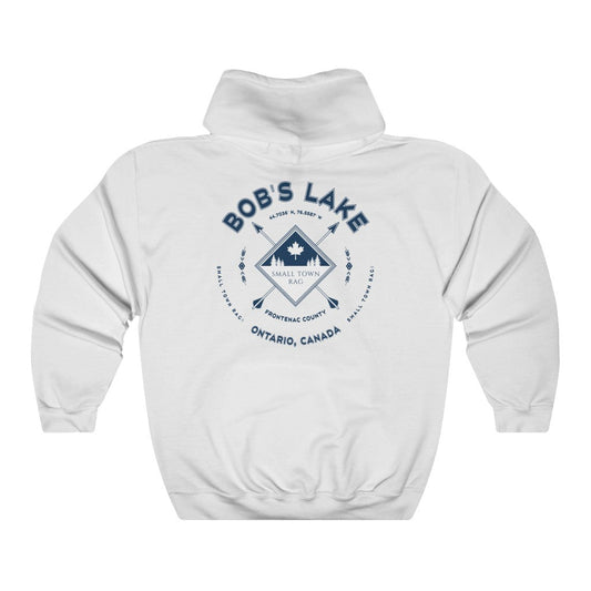 Bob's Lake, Ontario.  Canada.  Navy on White, Pull-over Hoodie, Hooded Sweater Shirt, Gender Neutral.-SMALL TOWN RAG