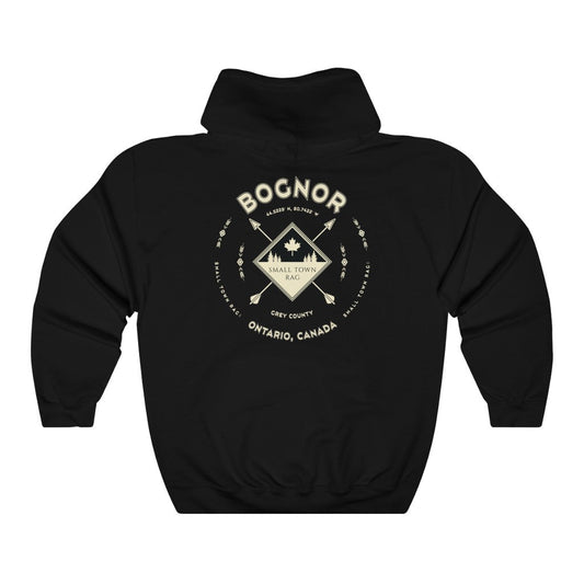 Bognor, Ontario, Light Cream on Black, Pull-over Hoodie, Hooded Sweater Shirt, Gender Neutral-SMALL TOWN RAG