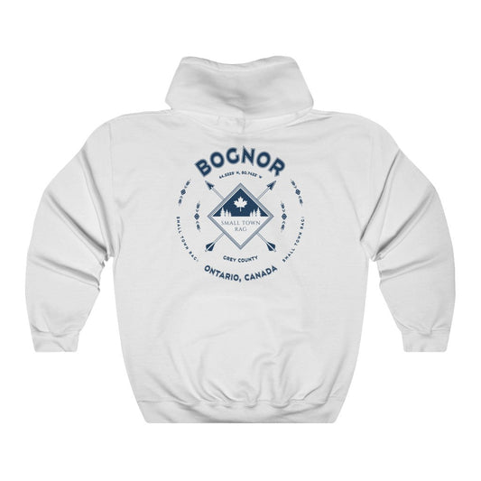 Bognor, Ontario, Navy on White, Pull-over Hoodie, Hooded Sweater Shirt, Gender Neutral-SMALL TOWN RAG