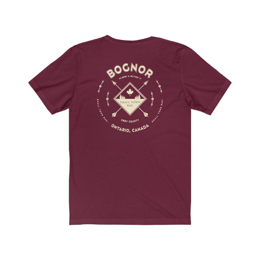 Bognor, Ontario.  Canada. Light Cream on Maroon, Gender Neutral, T-shirt, Designed by Small Town Rag-SMALL TOWN RAG
