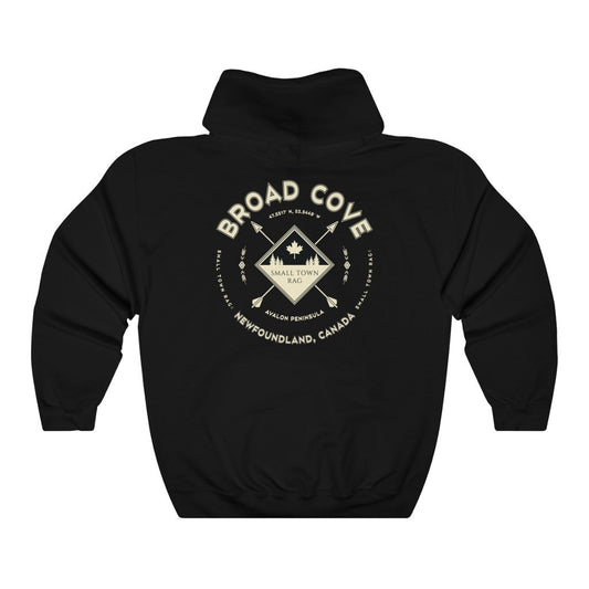 Broad Cove, Newfoundland.  Canada.  Cream on Black, Pull-over Hoodie, Hooded Sweater Shirt, Gender Neutral.-SMALL TOWN RAG